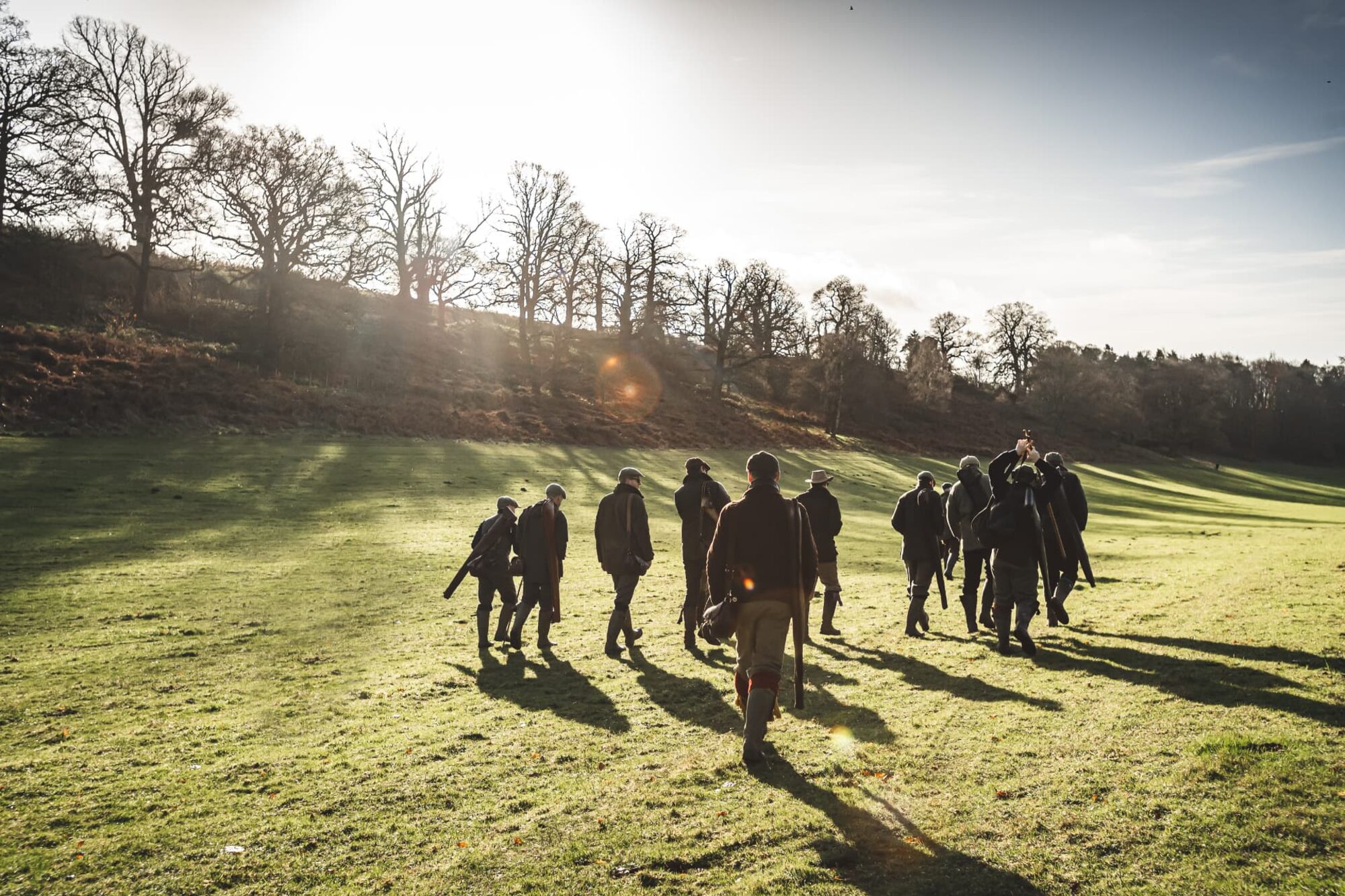 A line of guns walking out across a sunlit estate
